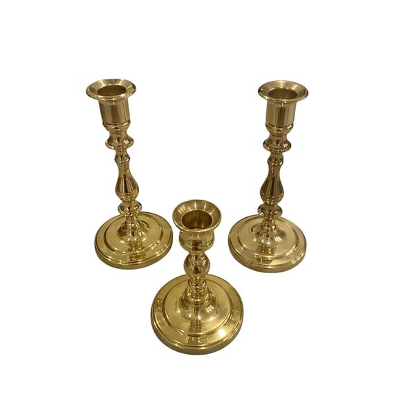 3 Vintage Baldwin Polished Brass Candlestick Holder Set ( 7”, 4.75) Table Décor - Picture 3 of 15